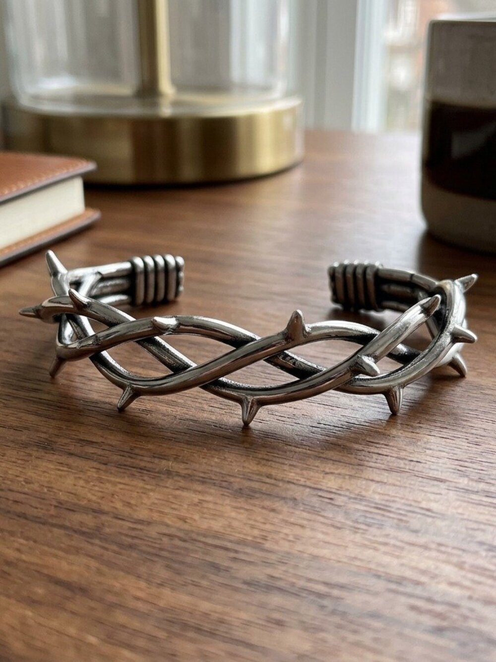 Mens Thorn Cuff Bracelet Stainless Steel Barbed Wire Bangle Gothic Punk Silver